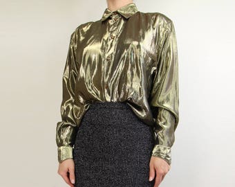 VINTAGE Blouse Gold Blouse 1980s Metallic Shirt Longsleeve Small