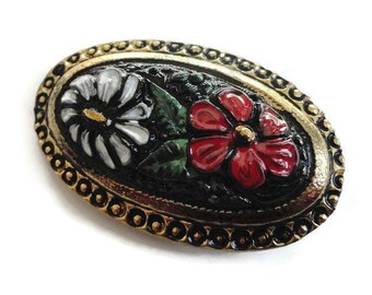 Hand Painted Victorian Glass Button - Vintage Floral c.1900 for Jewelry Supplies Beads Sewing Knitting Molding