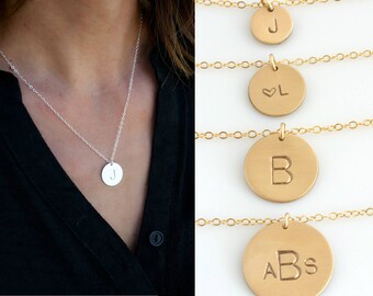 Gold Disc Necklace, Monogram Necklace Gold, Hand Stamped Initial Necklace, Sterling Silver 14K Gold Fill, Gift for Her,LEILAjewelryshop,N250