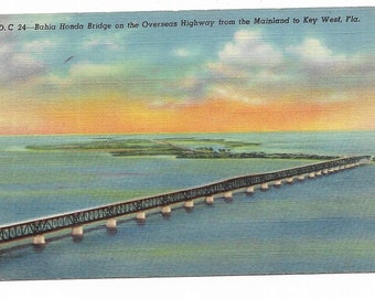Vintage Florida Linen Postcard Bahia Honda Bridge on the Overseas Highway from the Mainland to Key West UNUSED