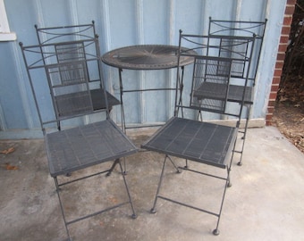Pick up Only...Vintage Heavy Black Folding 5 Piece Welded Wrought Iron Round Table w/4 Chairs Patio Set