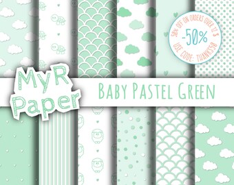 New baby digital paper pack: "Baby Pastel Green" pack of backgrounds sheep, turtles, dotted, striped, clouds, hearts, scallop - Baby Shower