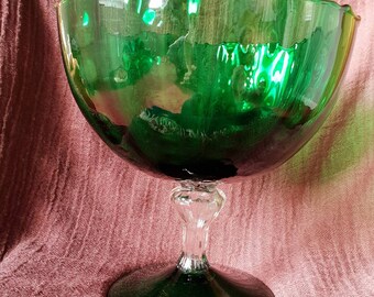 Large Vintage Green Glass Pedestal Bowl.