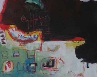original fishing village abstract painting, modern bay painting, newfoundland art, acrylic oil pastel seascape painting, red green black