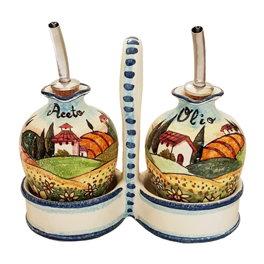 Italian Ceramic Art Pottery Oil Cruet Vinegar Hand Painted
