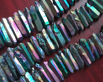 Rainbow Rough Titanium Crystal Points, Quartz Sticks, Spikes, Rainbow Metalic Quartz Beads, Crystal Daggers, Quartz Spike Beads A4B4