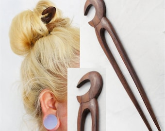 Sono Wood Hair Stick Double Pick w/ Moon Carving Design Wooden Hair Fork Organic Hair Accessories