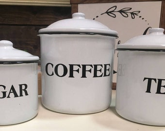 White Farmhouse / Kitchen / Canister Set / Coffee / Tea / Sugar / Metal / Home Decor / Kitchen Organization / Storage / Rustic Kitchen Decor