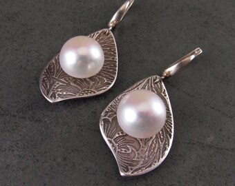 Large mabe pearl earrings with handmade recycled fine silver-OOAK June birthstone
