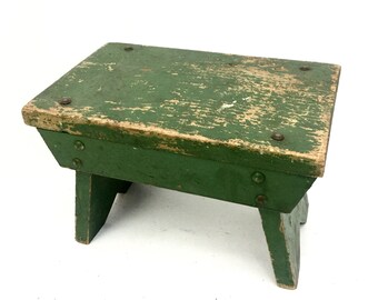 Antique Foot Stool Small Green Wood Vintage Footstool