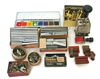 Vintage Office or School Supplies / Office School Destash / Staples Stamps / Paintbox / Vintage Desk Decor