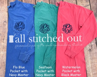Monogram Comfort Color Long Sleeve Pocket Tee - Pigment Dyed - Monogram Tee - Monogrammed T-shirt - Personalized Tee - Personalized shirt