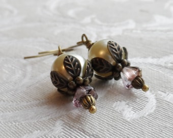 75% Off Clearance Sale, Czech Glass Earrings, Blossom, Plum, Purple, Golden, Pearl