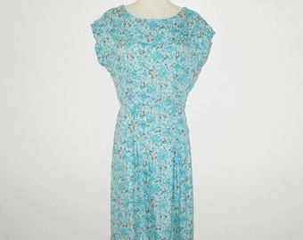 Vintage 1950s Dress / 50s Turquoise Blue Floral Silk Dress - Size M