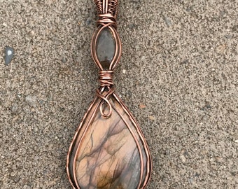 Orange and Purple Labradorite with Rutilated Quartz in Antiqued Copper