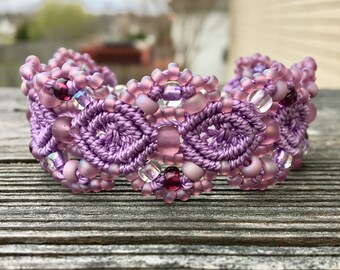 Micro-Macrame Cuff Bracelet. Modern Macrame. Purple Lavender Bracelet. Purple Beaded Cuff. Statement Jewelry. Boutique Fashion Piece.
