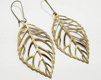 Antique Bronze Leaf Pendant Earrings with Kidney EarWire, Minimal Earrings