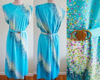 70s Vintage XL turquoise dress. Belted XL vintage dress. German dress.