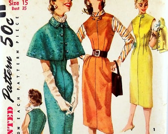 Vintage 1950s Sheath Dress & Cape Pattern Simplicity 1676 Bust 34 35 Factory Folded Rockabilly Wiggle Dress