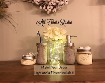 Rustic Mason Jar Bathroom Set, Mason Jar with Lights, Fairylights, Lighted Mason Jars, Mason Jar Bathroom Set, Painted Mason Jars, Rustic