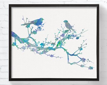 Love Birds On Branch, Bird Art, Bird Print, Bird Wall Art, Bird Wall Decor, Bird Watercolor, Wedding Gift, Anniversary Gift, Blue Birds