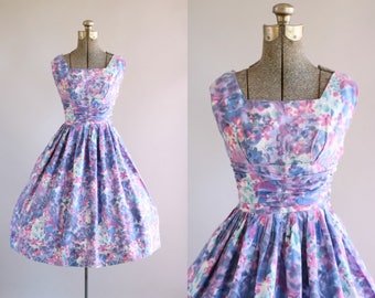 Vintage 1950s Dress / 50s Cotton Dress / Mottled Floral Watercolor Print Dress w/ Shelf Bust XS