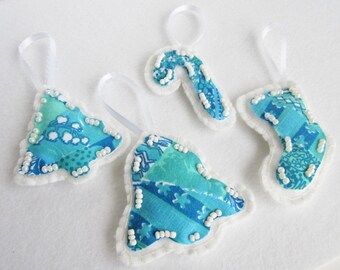 Blue Christmas Ornaments, Beaded Fabric Ornaments, Felt Christmas Ornaments, Blue and White Christmas