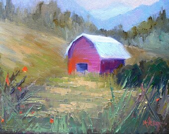 Barn Oil Painting, Small Oil Painting, Daily Painting, 9x12" Landscape, Palette Knife Painting, Free Shipping in US
