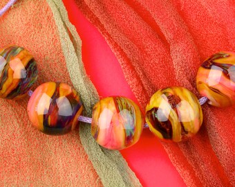 Lampwork Set of 5 Spheres "Organic Mix" Handmade Glass Bead SRA ~ Create Unique Jewellery ~ Warm Neutrals