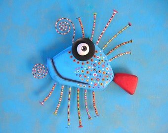 Blue Minnow, MADE to ORDER, Original Found Object Wall Sculpture, Wood Carving, Wall Decor, Fish Sculpture, by Fig Jam Studio