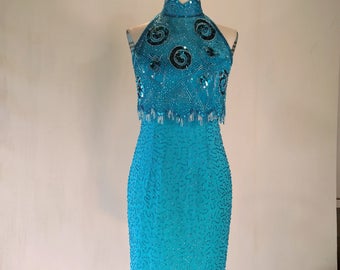 Aqua Swirly Sequin Beaded Wiggle Dress Glam Fringe