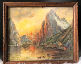 Vintage Mountain Painting+Acrylic Mountain Lake Painting+Framed Original Mountain Painting+Mountain Landscape Painting+Vintage Art