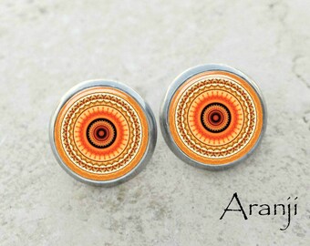 Orange mandala earrings, mandala earrings, orange earrings, kaleidoscope stud earrings, orange stud earrings, mandala stud earring PA128E