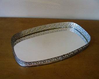 Lovely SILVER filigree vanity mirror -dresser tray -UNIQUE shape -13 1/2" x 8" -jewelry tray -mirrored vanity tray- perfume tray -wedding