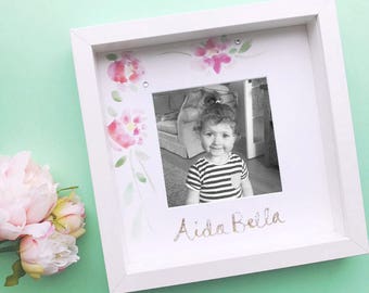 Personalised Girls Frame- Hand Painted Watercolour Flowers- Gold Glitter Name- New Baby- Christening Gift- Free Photo Printing