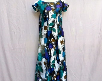 Vintage Hawaiian Dress/Hawaiian Print Maxi Dress with Train/Hawaiian Blue Floral Print Long Dress/Kiyomi of Hawaii