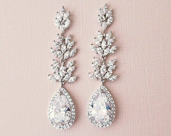 Bridal Earrings Crystal Wedding Earrings Swarovski Bridal Jewelry Crystal Drop Earrings Long Chandelier Earrings for Bride KARENA CZ Leaf