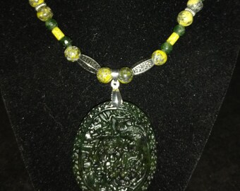 Yellow Matrix Jasper and Jade Pendant Necklace