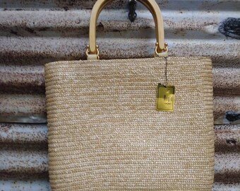 Vintage Straw Purse with Wood Handle