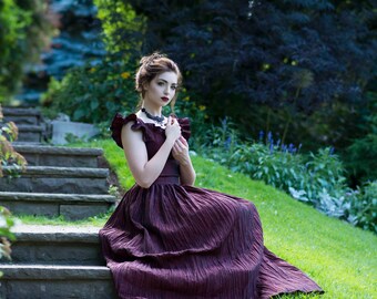 Victorian Dress in Crushed Taffeta/Short Ruffle sleeves-Made to Order (Burgundy or Black)