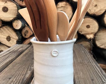 handmade utensil holder, white utensil holder, ceramic utensil holder, wine chiller, crock, storage jar, utensil caddy