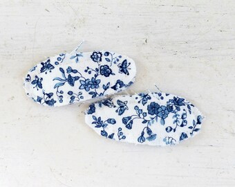Fabric hair clips, fabric covered snap clips, hair accessory, blue and white, chintz hair clips, ready to ship