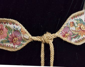 60s/70s/80s Pink Ivory Roses Floral Tapestry Sash Tie Belt Bridal Wedding M/L