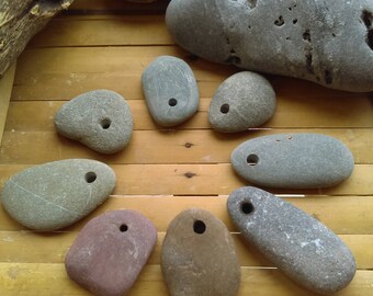 Unique Beach Stone Pebbles, 8 Pieces with a drilled hole