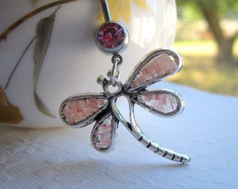 Piercing libellule du ventre, bague bijoux de corps rose pâle, balancent Belly Button, couleur personnalisée Barbell, vitrail de charme