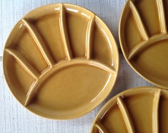 2 Vintage GOLD round stoneware Fondue Sushi plates mustard yellow ceramic grill plates, Mid century JAPAN divided plates MCM Fondue platters