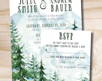 Watercolor Pine Tree Mountain Wedding Invitation/Response Card Invitation Suite