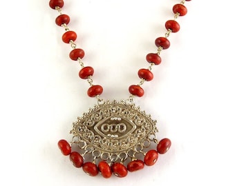 Sterling Silver & Sponge Coral Beads Necklace with Etruscan Revival Pendant