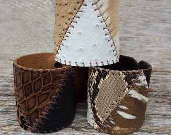 Leather Cuff Handmade with Hair On Calf & Ostrich in Soft Off White Leather and Beige Fringe by Stacy Leigh