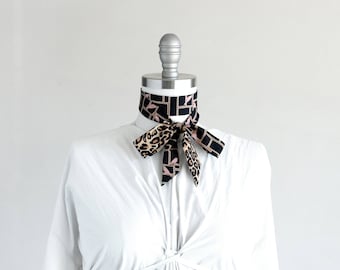 Black and tan skinny scarf with gallery birds and leopard, choker, bow, hair tie